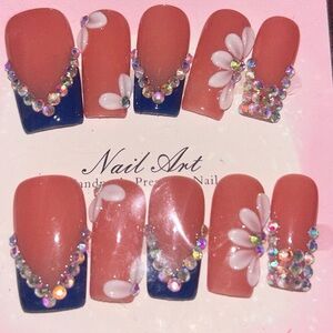 Peach Pink Floral Rhinestone Press-On Nails - Elegant Salon Finish